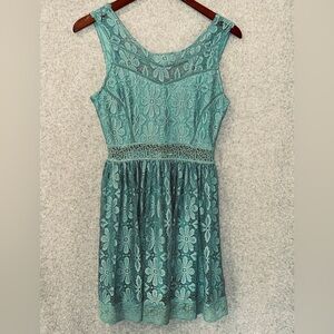 Teal Blue Lace Fit Flare Dress Size XSmall Ultra Pink Sleeveless Open Back